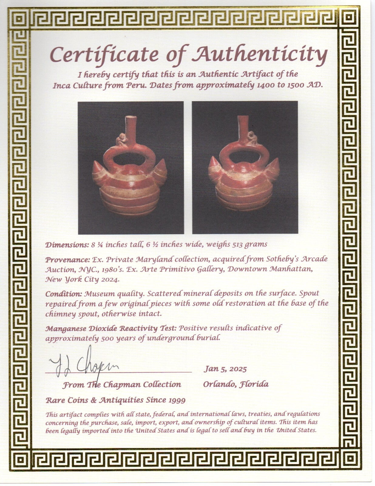 Ex Sotheby's Authentic Pre Columbian Artifact Inca Monkey Tuber Stirrup Jar T102