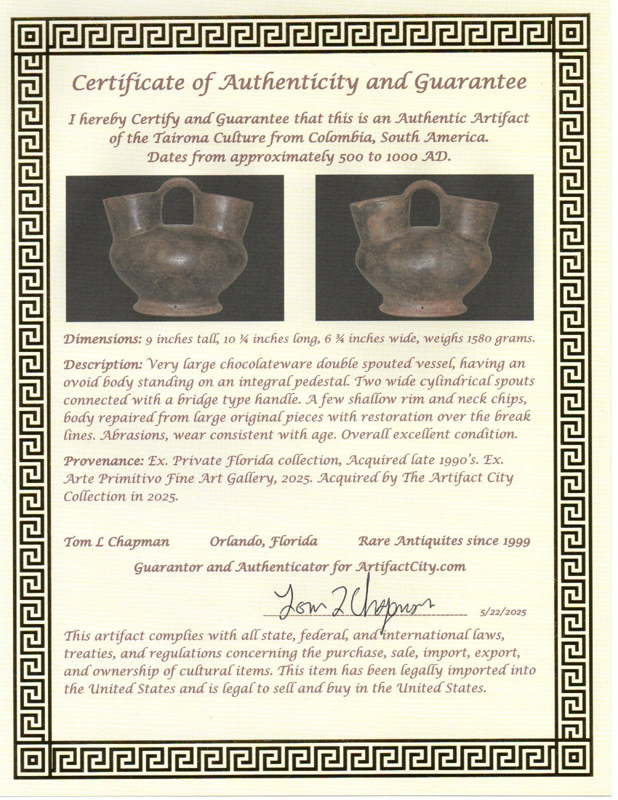 Pre Columbian Artifact Authentic HUGE Vessel Tairona Colombia 500 AD COA 217