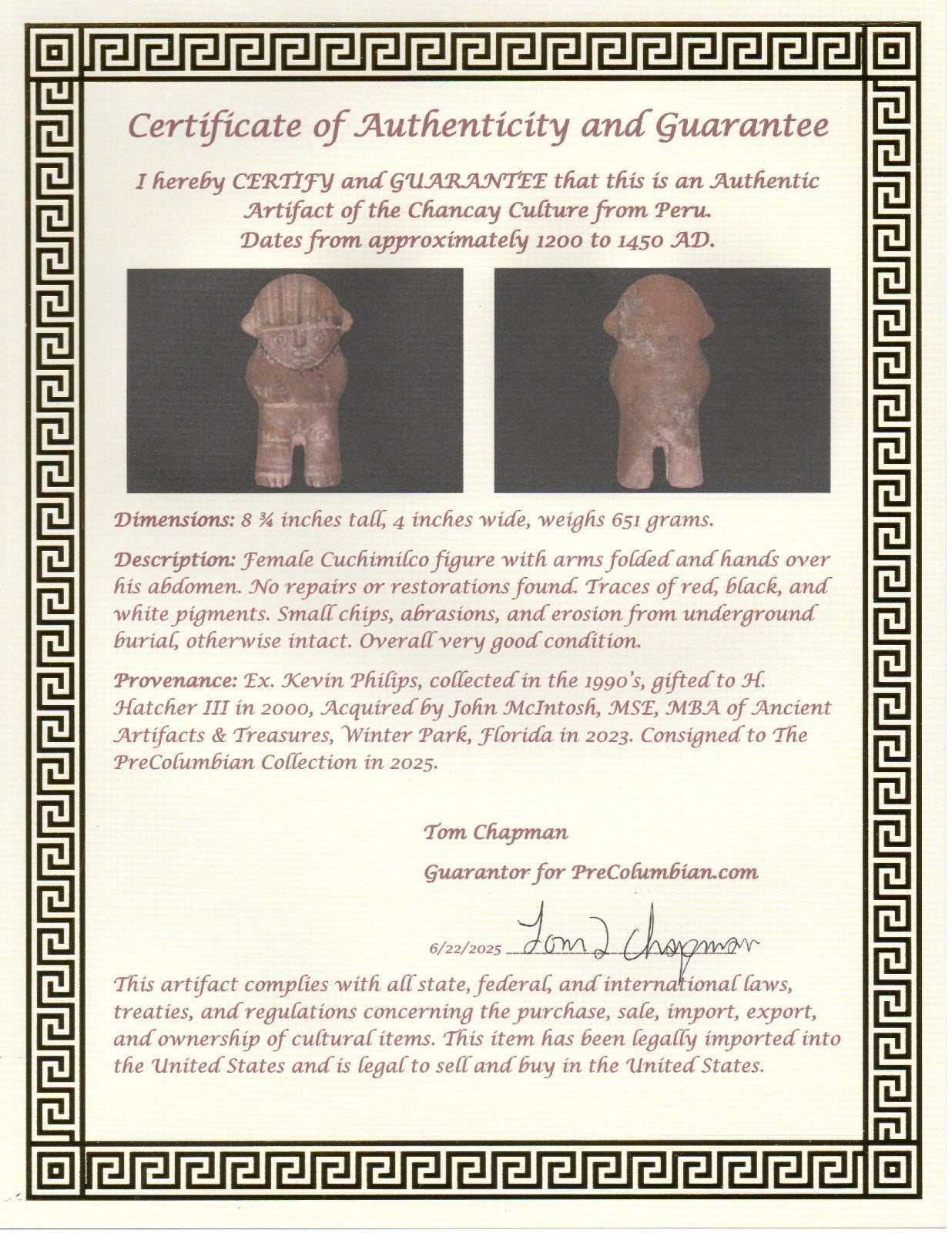 Pre Columbian Authentic Artifact Chancay Female Figure Peru 1200-1450 AD COA J42