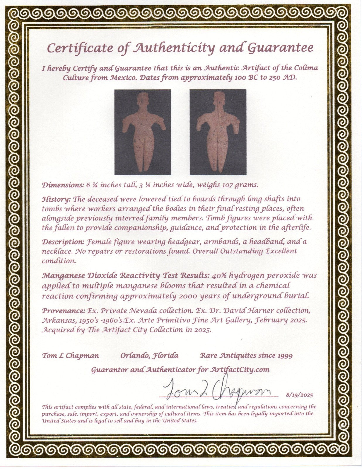 Pre Columbian Artifact 6 inch Female Tomb Figure Colima Mexico 100 BC COA 259