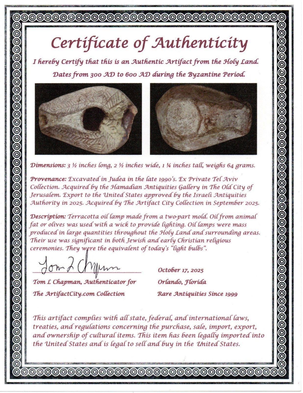 Ancient Holy Land Oil Lamp Artifact Rare Kiln Error Israel 300-600 AD COA 129