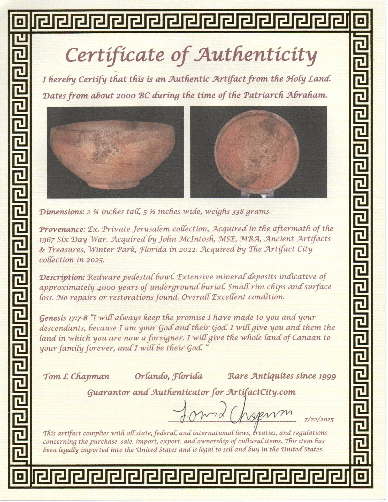 Ancient Holy Land Bowl Artifact 4000 Years OldTime of Abraham 2000 BC COA J126