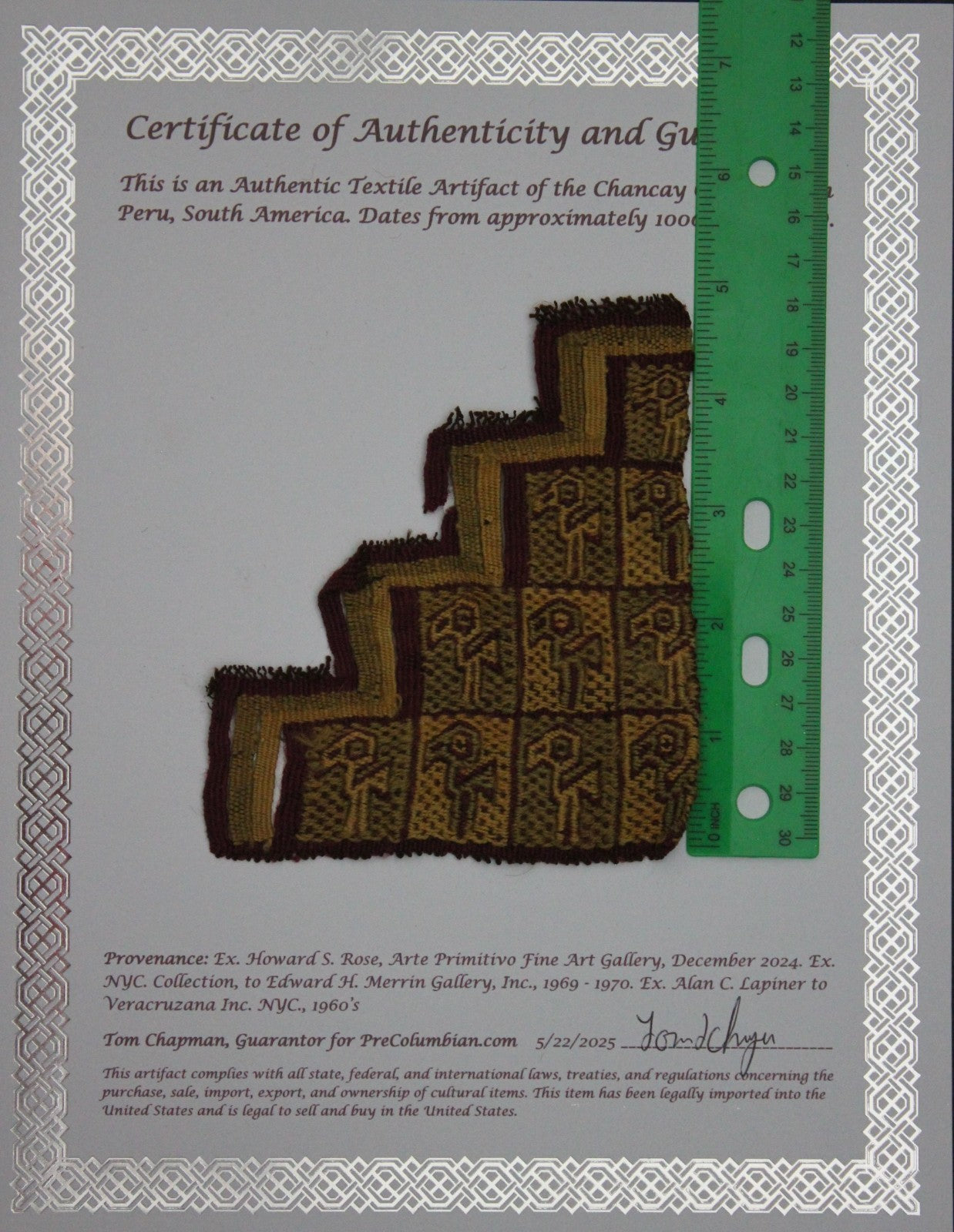 Pre Columbian Artifact Authentict Frameable Textile Border Chancay Peru COA 12