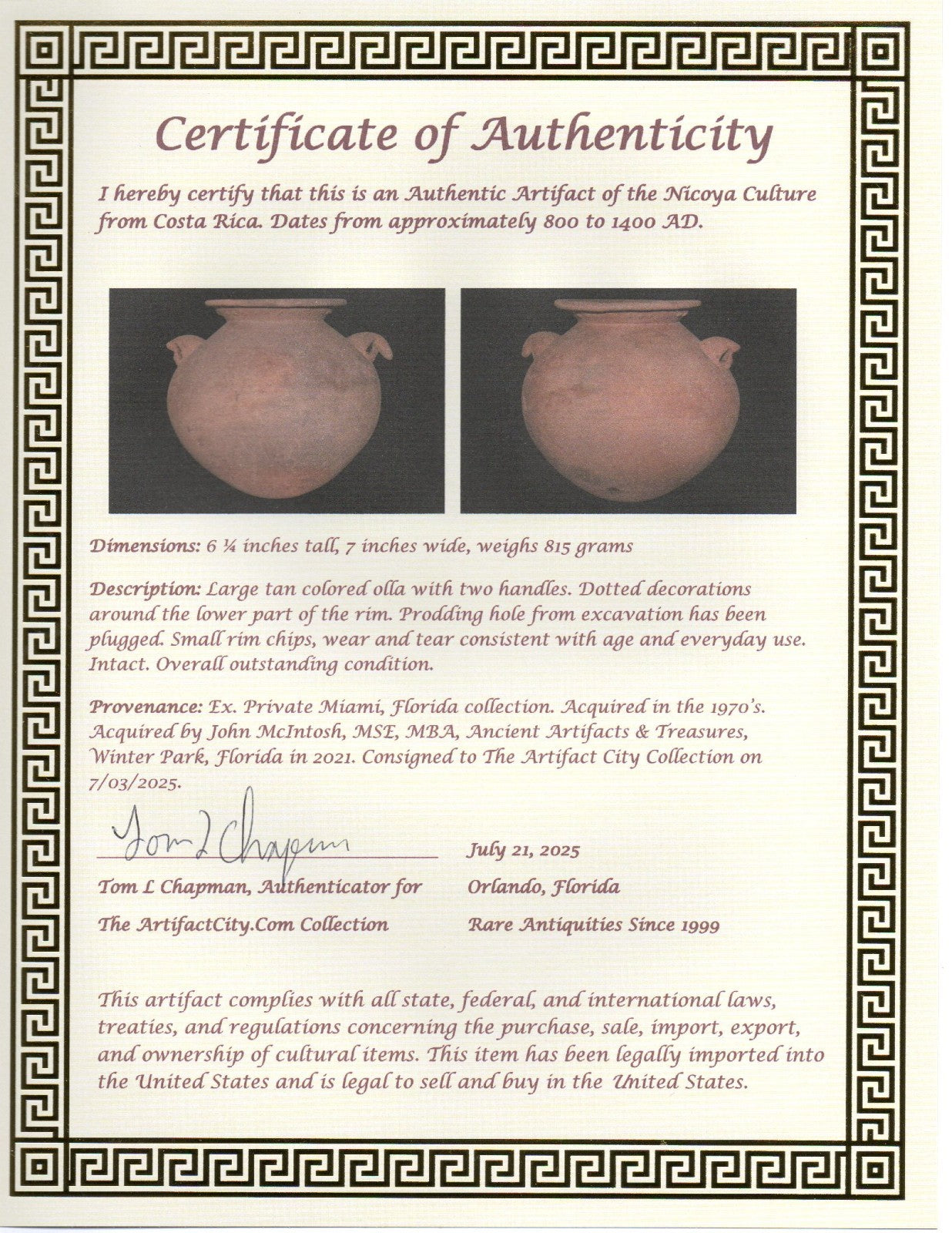 Pre Columbian Authentic Artifact Large Olla Nicoya Costa Rica 800-1400AD COA J71