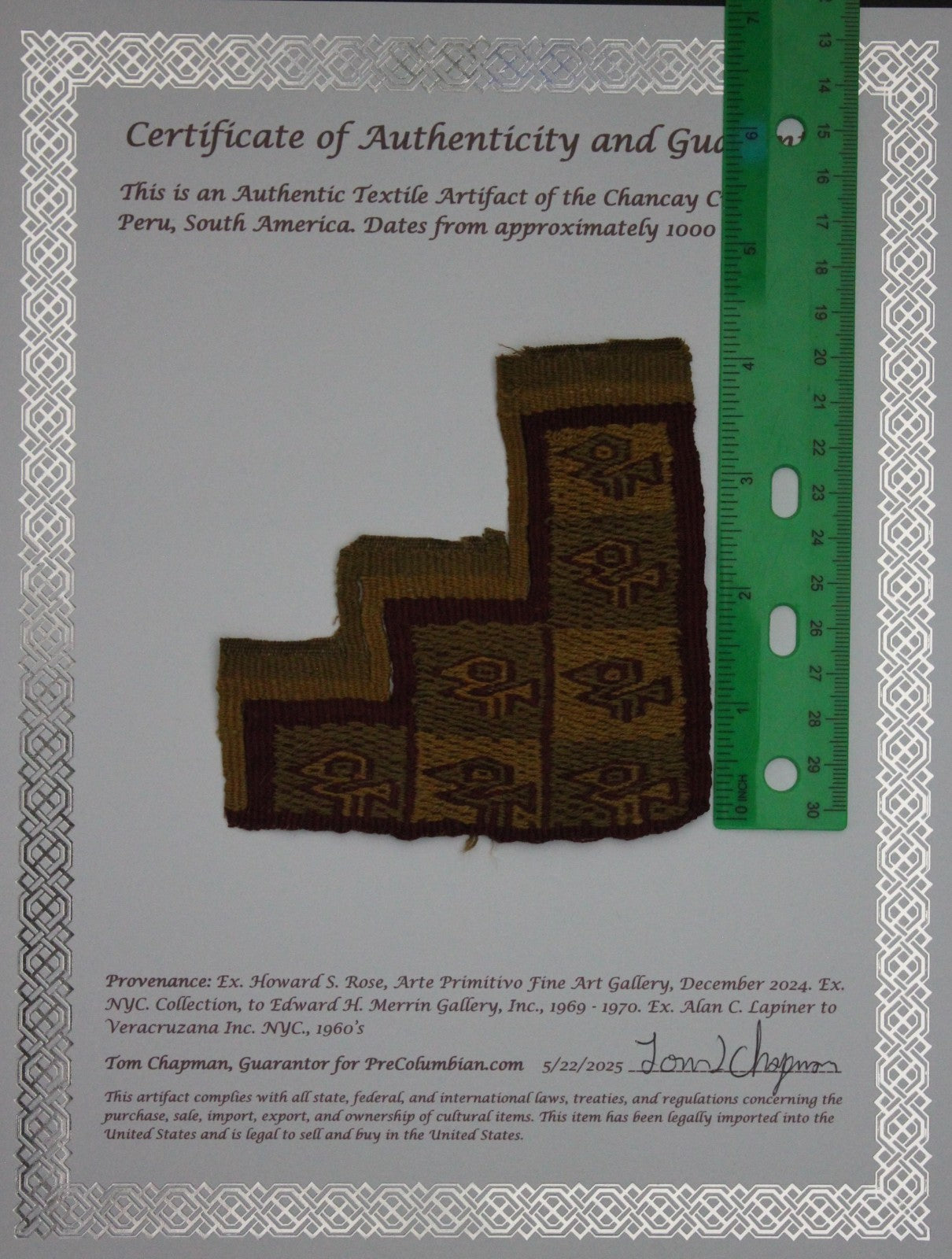 Pre Columbian Artifact Authentic Frameable Textile Border Chancay Peru COA 33