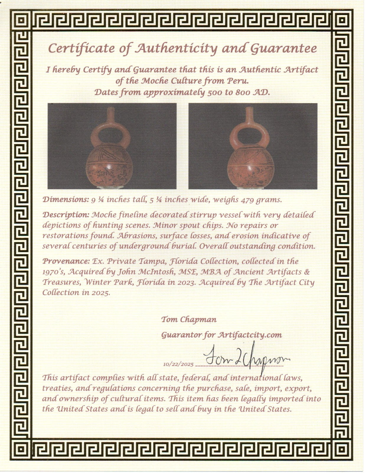 Pre Columbian Artifact Moche Fineline Hunting Scene Jar 500-800 AD Peru COA J145