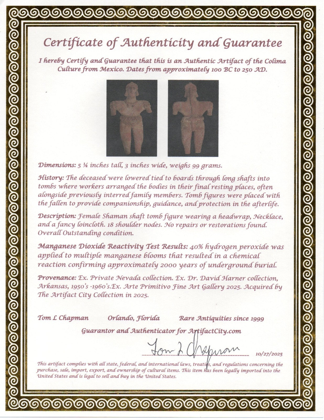 Pre Columbian Artifact hi Quality Shaft Tomb Figure Colima Mexico 100BC COA 280