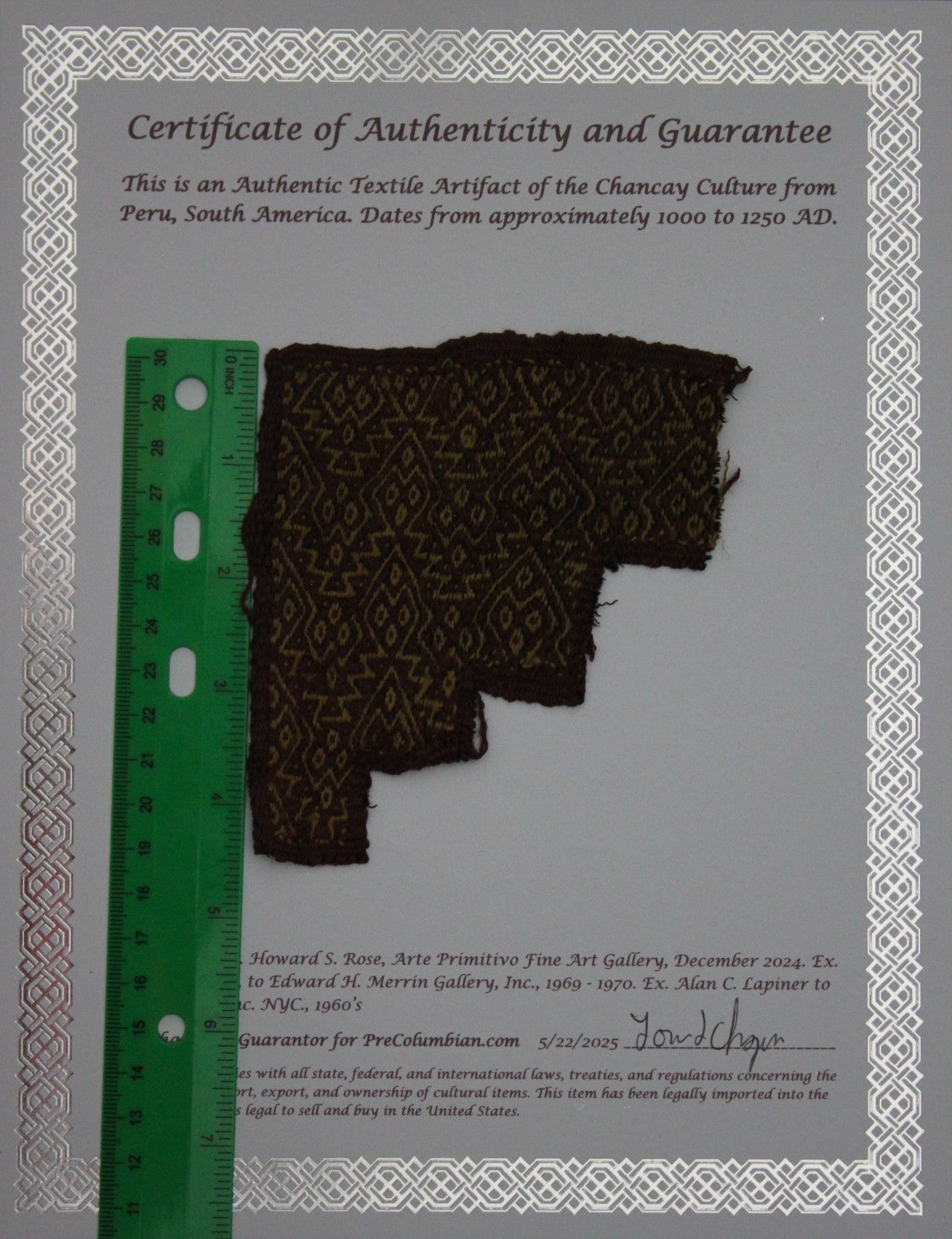 Pre Columbian Artifact Authentic Frameable Textile Border Chancay Peru COA 19