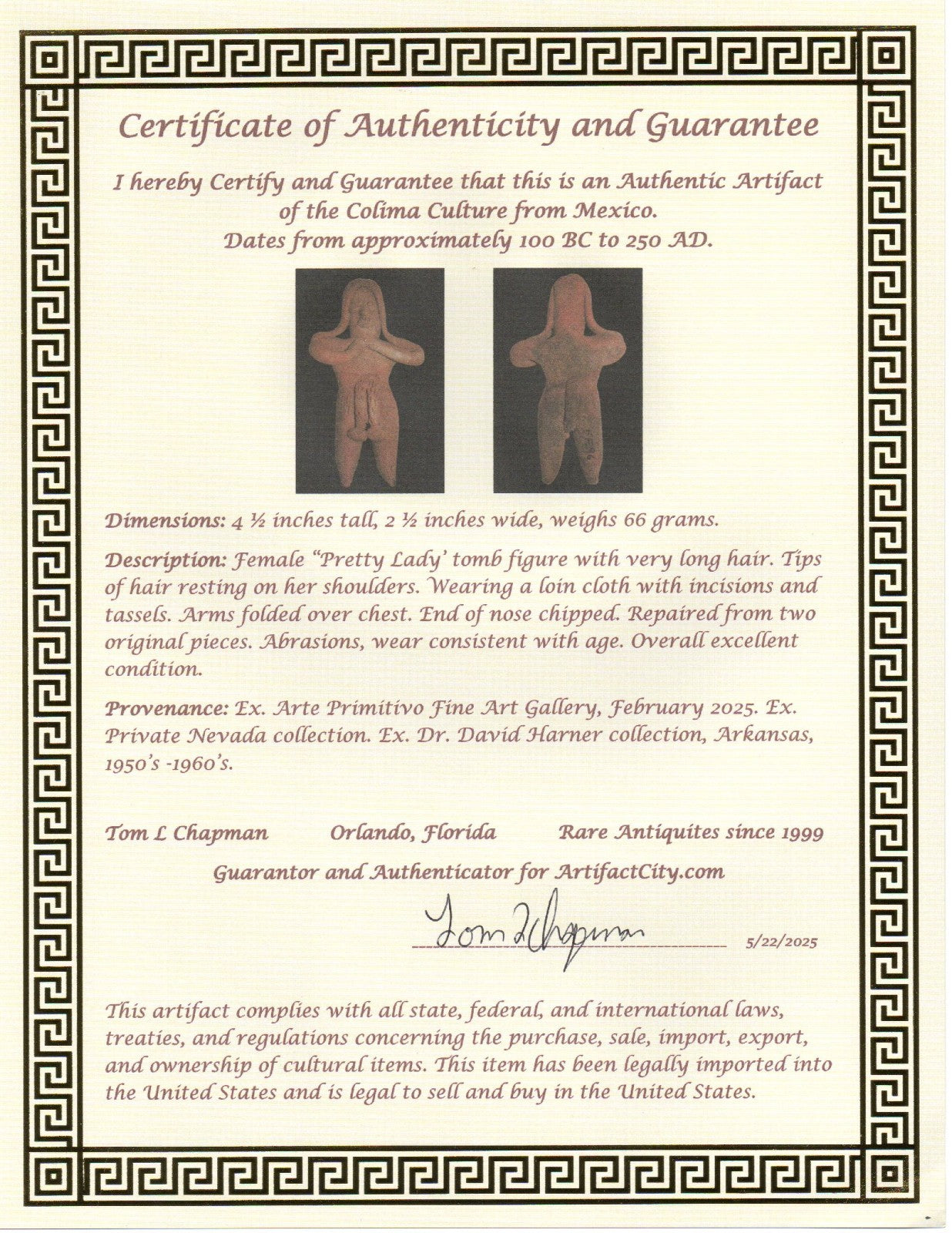 Authentic Pre Columbian Artifact Pretty Lady Tomb Figure Colima Mexico COA 13