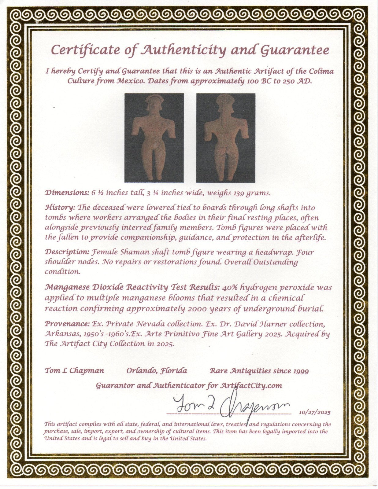 Pre Columbian Artifact 6 in Female Shaft Tomb Figure Colima Mexico 100BC COA 279