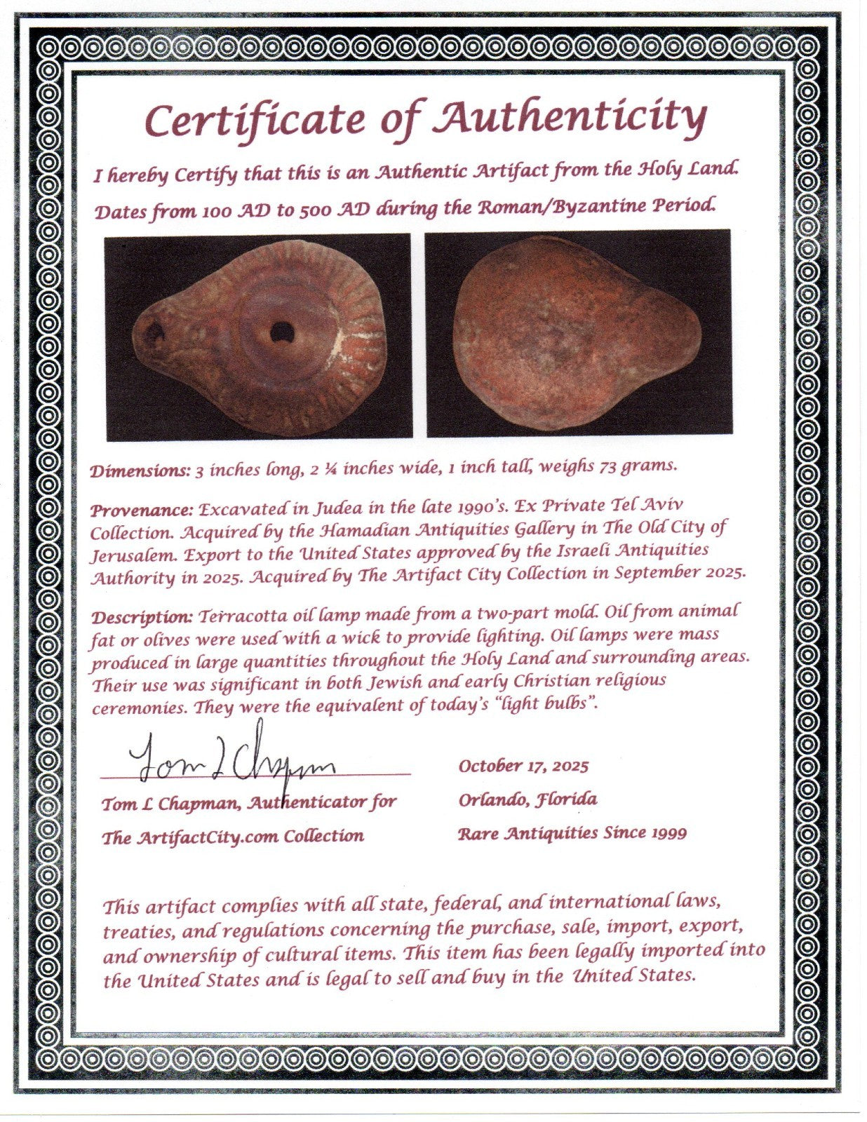 Ancient Holy Land Oil Lamp Artifact From Jesus Christ Home Land 100-500AD COA 60