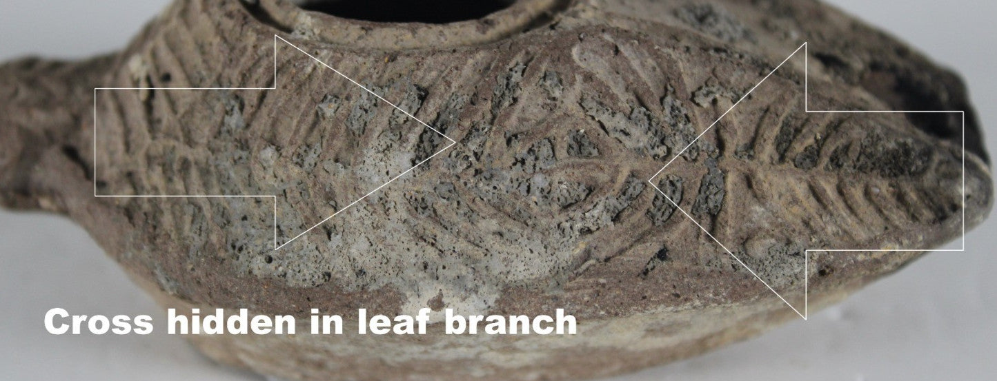 Ancient Holy Land Oil Lamp Artifact 2 Hidden Christian Crosses 300-600AD COA 111