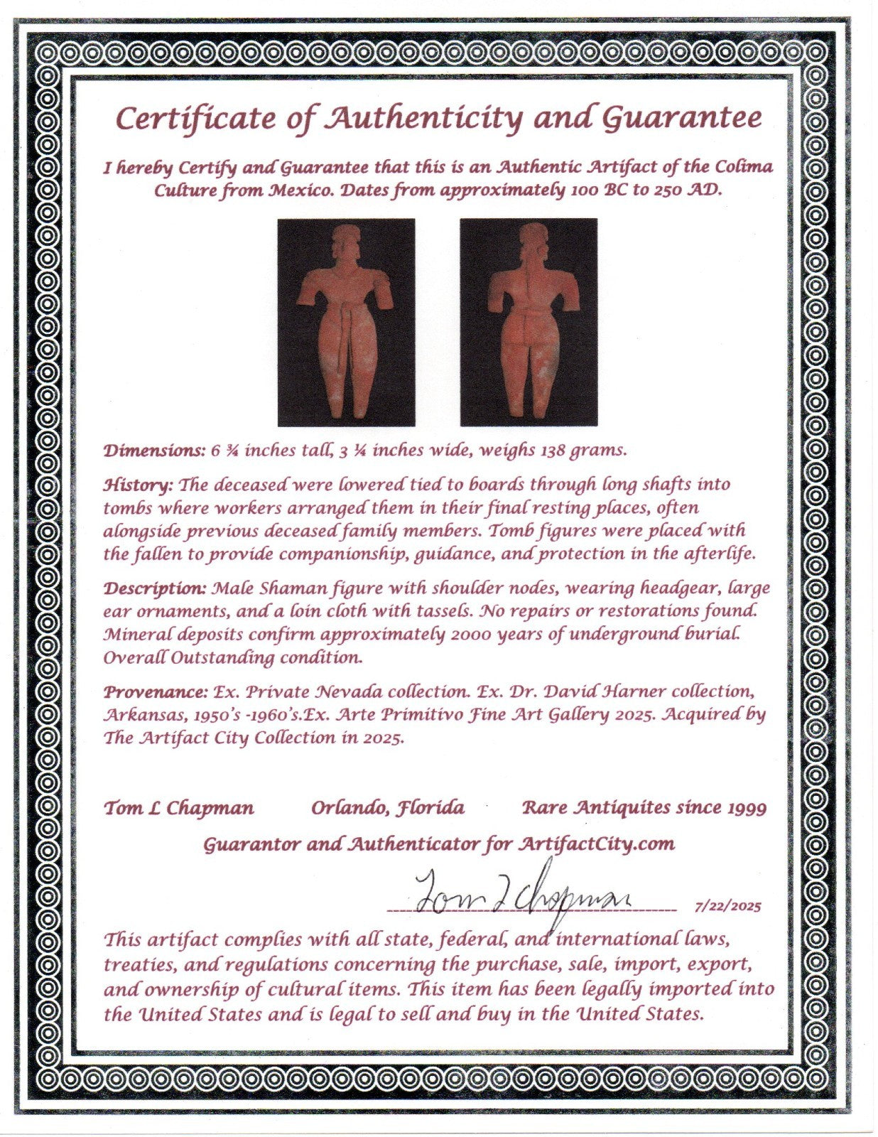 Pre Columbian Artifact 6 Inch Shaman Tomb Figure Colima Mexico 100 BC COA 239