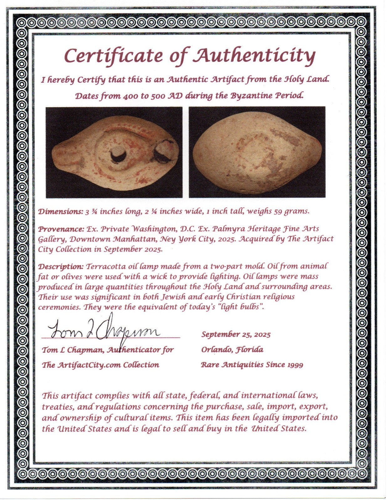 Ancient Holy Land Oil Lamp Artifact From Jesus Christ Homeland 400-500AD COA 28