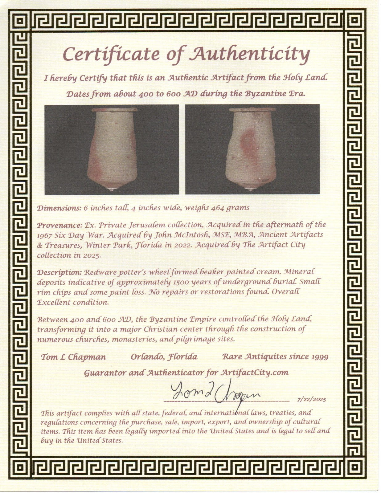 Ancient Holy Land Artifact Large Beaker Found in Israel 400 BC-600 AD COA J128