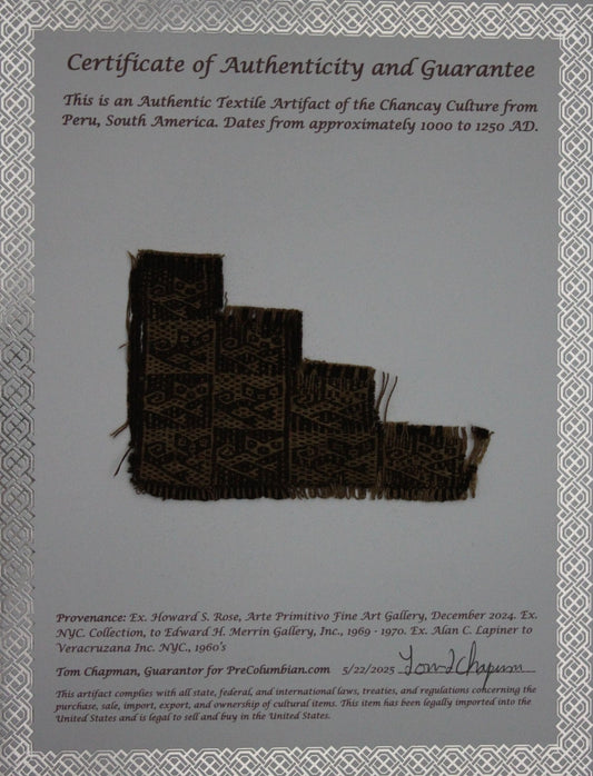 Pre Columbian Authentic Artifact Frameable Textile Border Chancay Peru COA 28