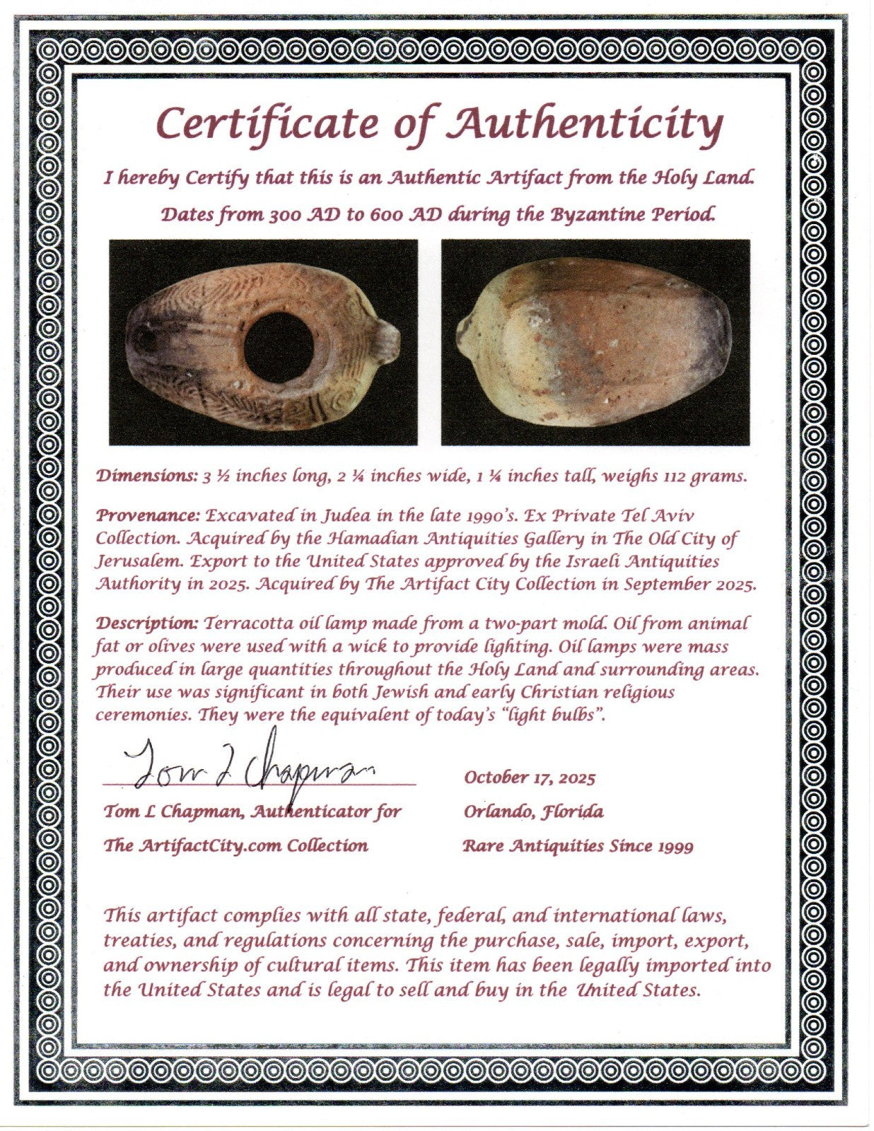 Ancient Holy Land Oil Lamp Artifact 2 Hidden Christian Crosses 300-600AD COA 112