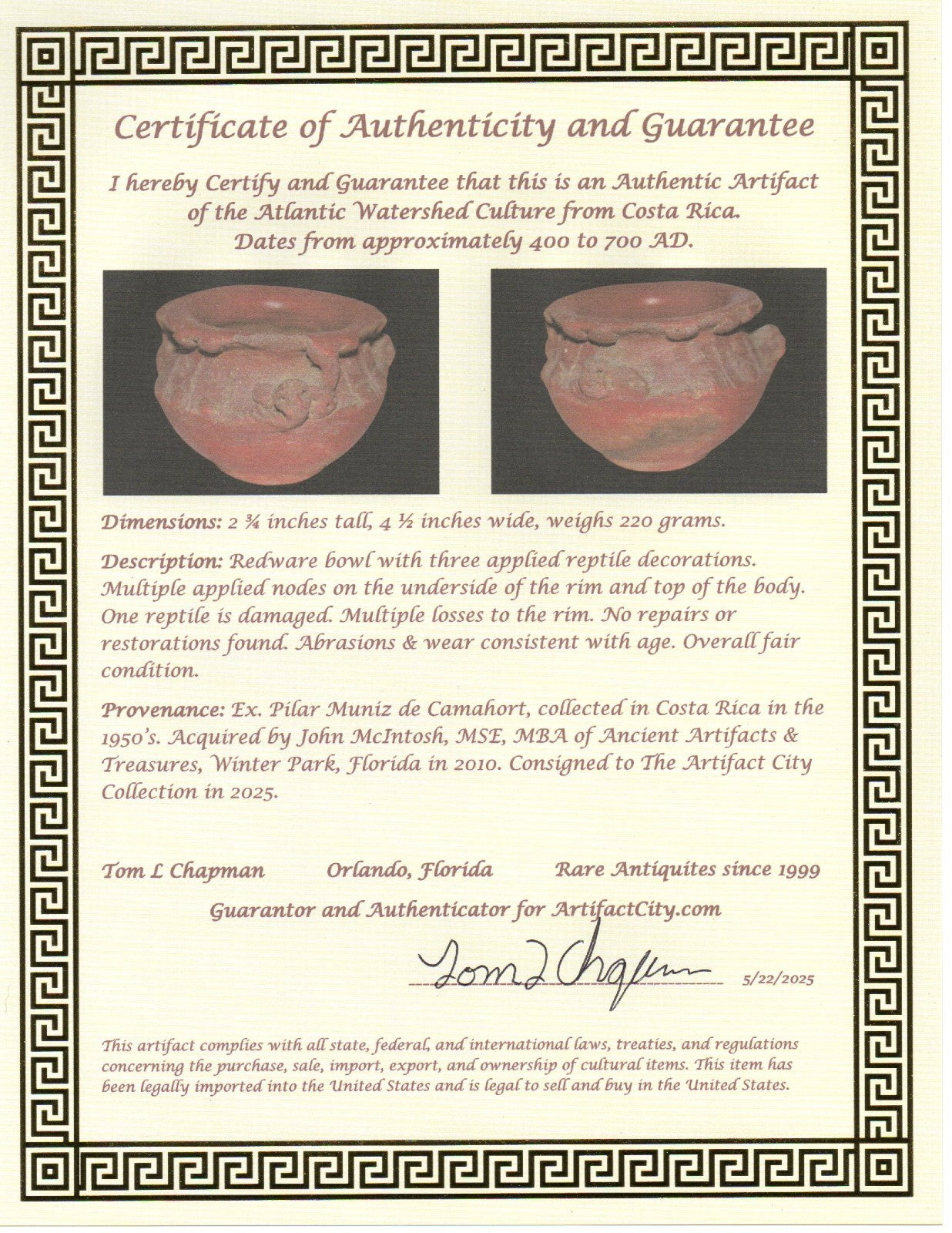 Pre Columbian Artifact Authentic Olla Atlantic Watershed Costa Rica COA J96