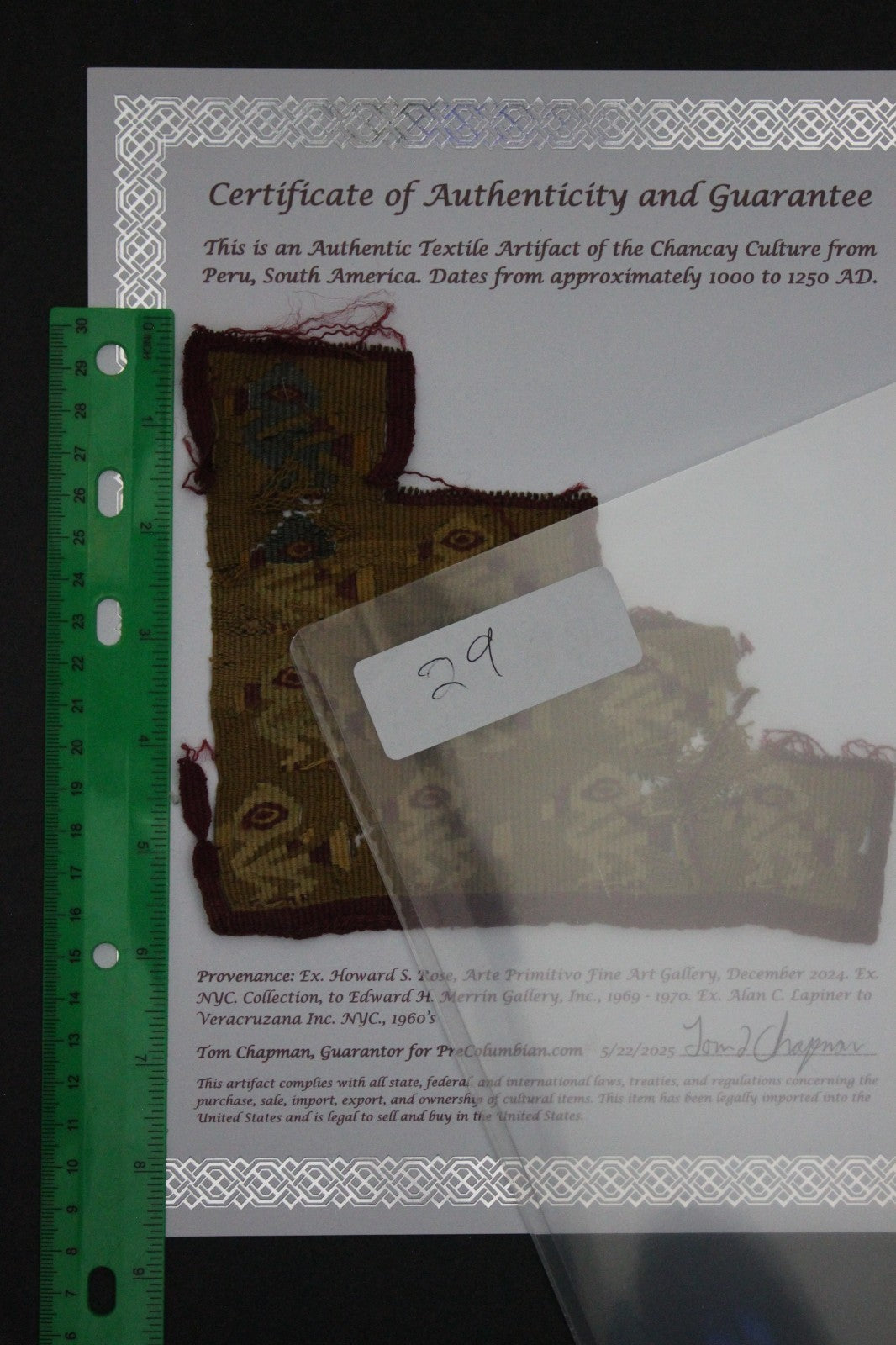 Pre Columbian Authentic Artifact Frameable Textile Border Chancay Peru COA 34