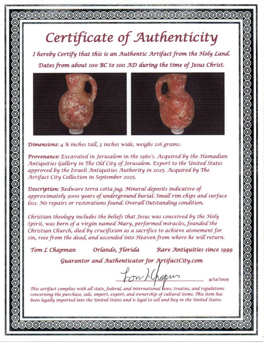 Ancient Holy Land Artifact Jug From Time of Jesus Christ 100 BC - 100 AD COA 16