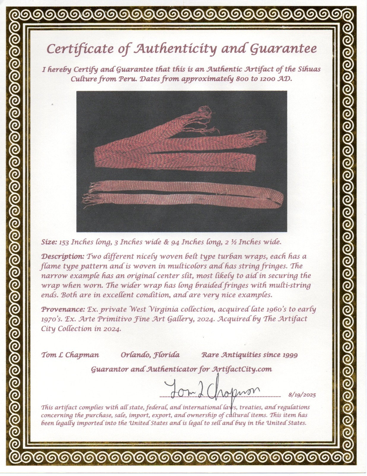 Pre Columbian Artifacts 2 Long Textile Turbans Sihuas Peru 800-1200 AD COA 276