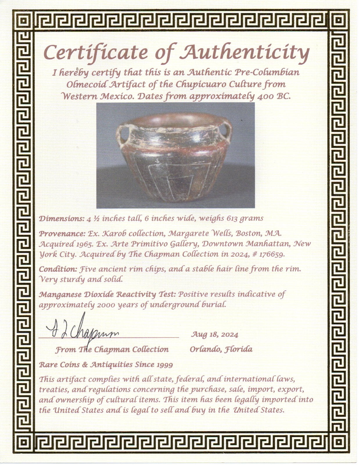 Authentic Pre Columbian Artifact Olmecoid Olla Chupicuaro Arte Primitivo COA T83