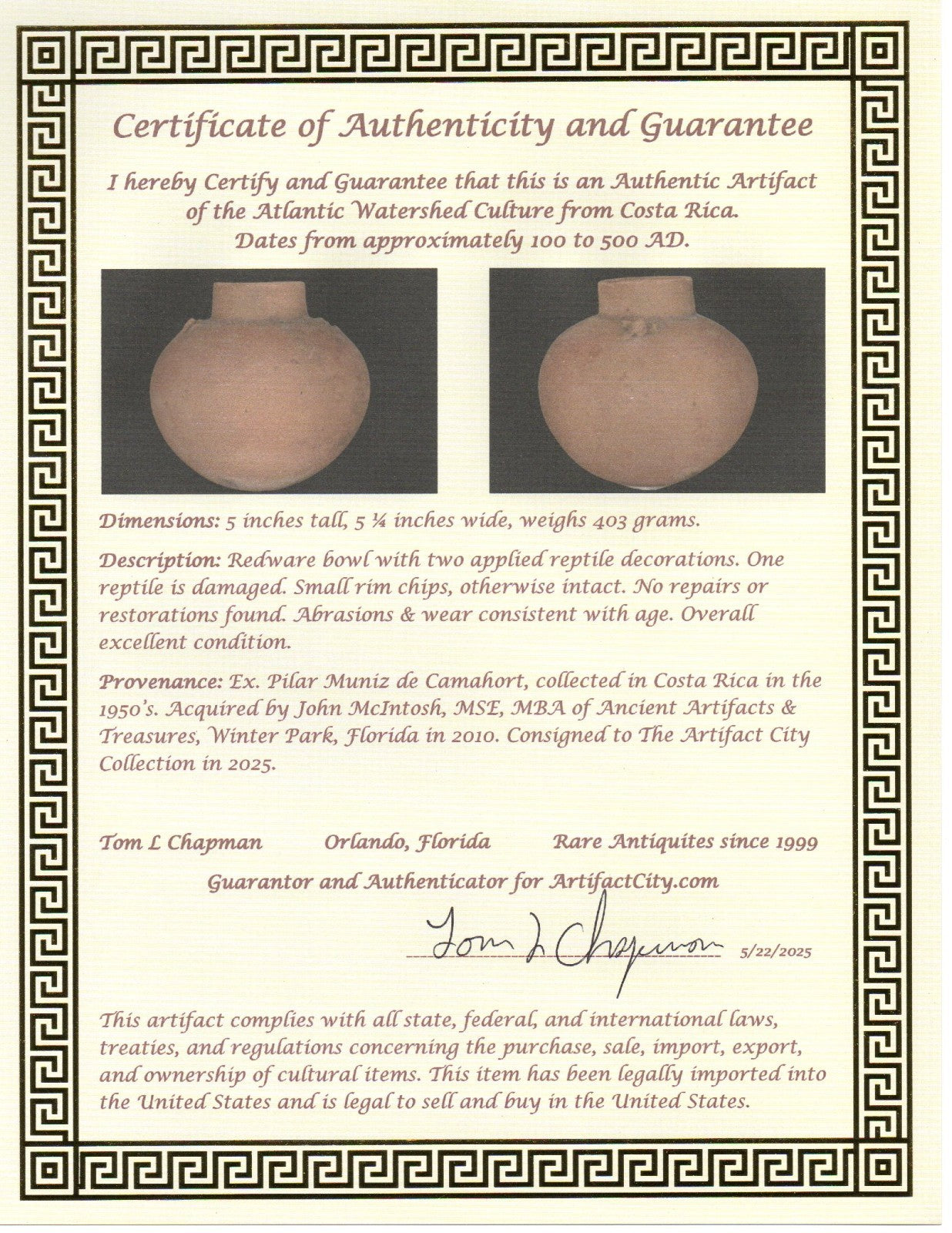 Pre Columbian Artifact Authentic Olla Atlantic Watershed Costa Rica COA J95