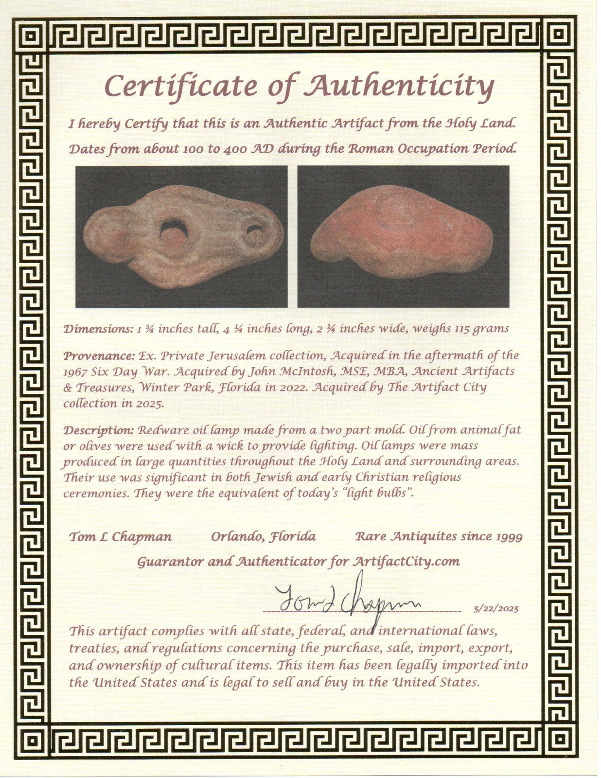 Ancient Holy Land Oil Lamp Artifact Land of Jesus Christ 100-400 AD COA J122