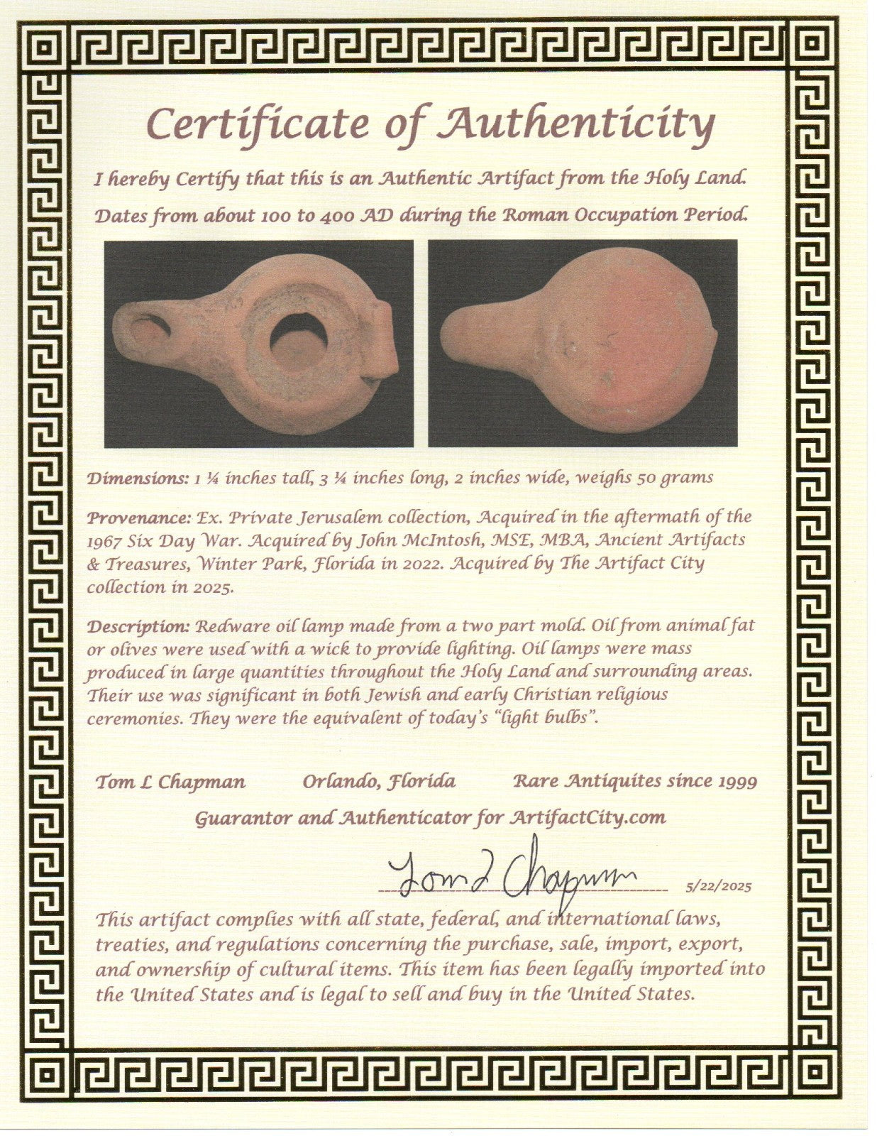 Oil Lamp Holy Land Ancient Artifact Jesus Christ Home Israel 100-400 AD COA J105