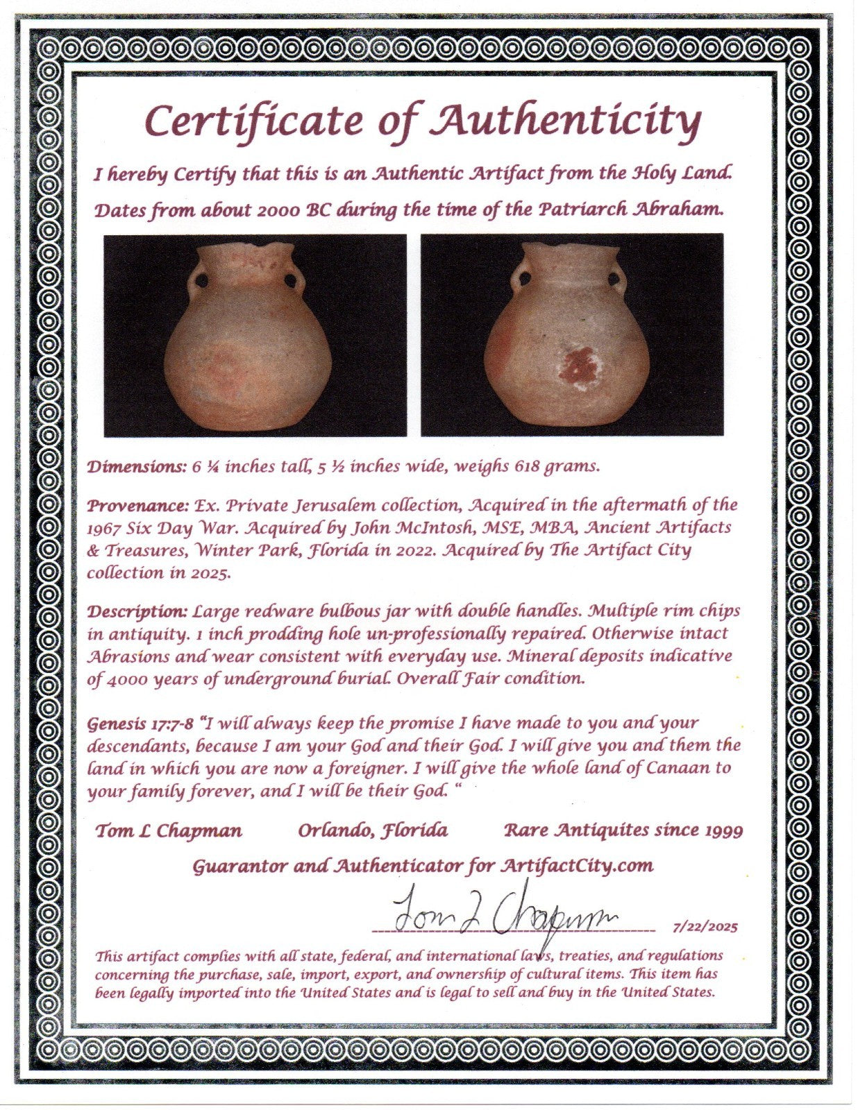 Time of Abraham Holy Land Artifact Ancient 4000 Year Old Jar  2000 BC COA J141