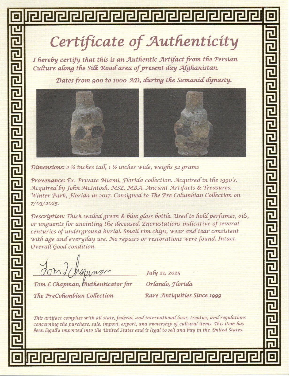 Authentic Persian Artifact Glass Bottle 900-1000 AD Silk Road Hoard COA J28