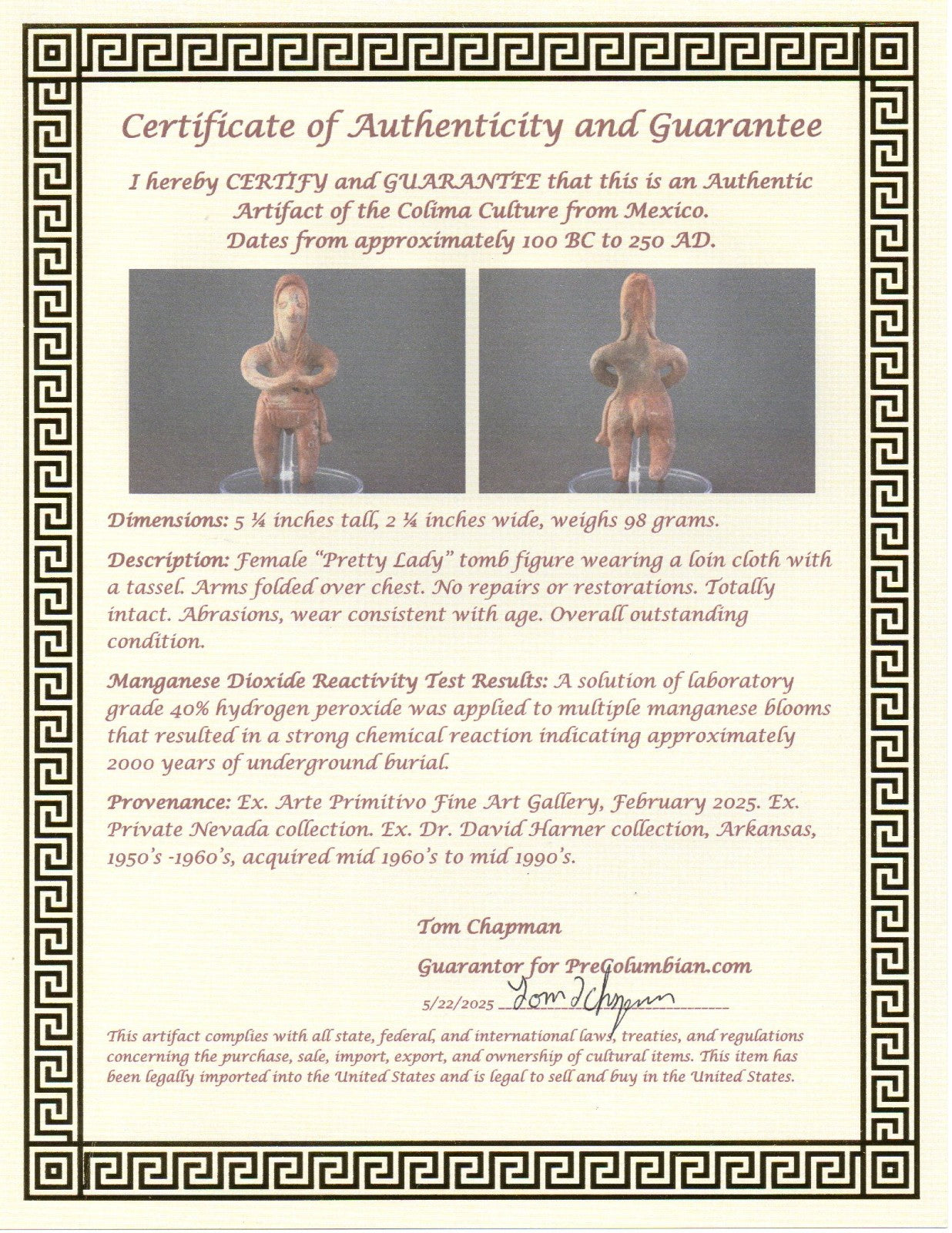 Pre Columbian Artifact Authentic Pretty Lady Tomb Figure Colima Mexico COA 196