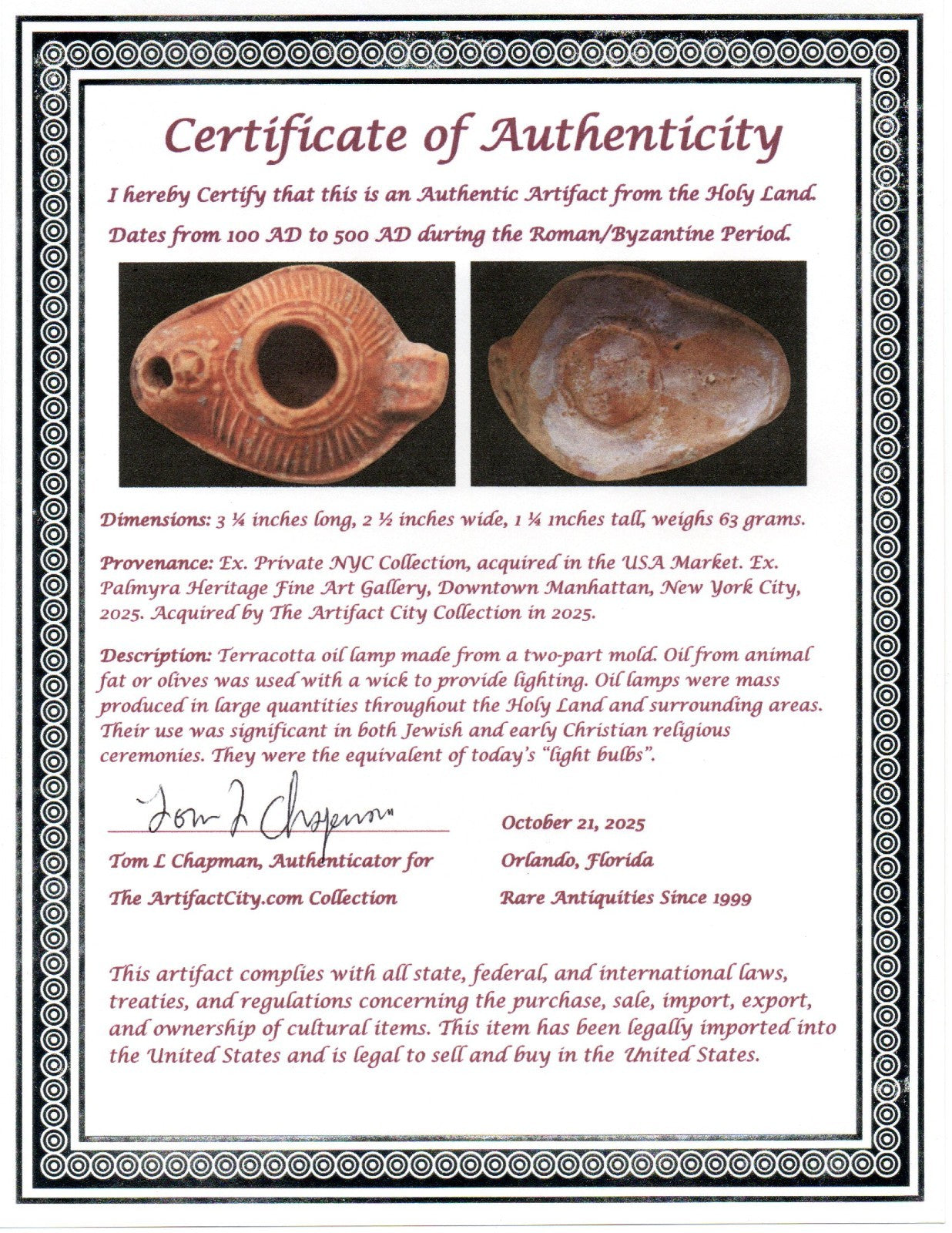 Ancient Holy Land Oil Lamp Artifact From Jesus Christ Home Land 100-500AD COA 64