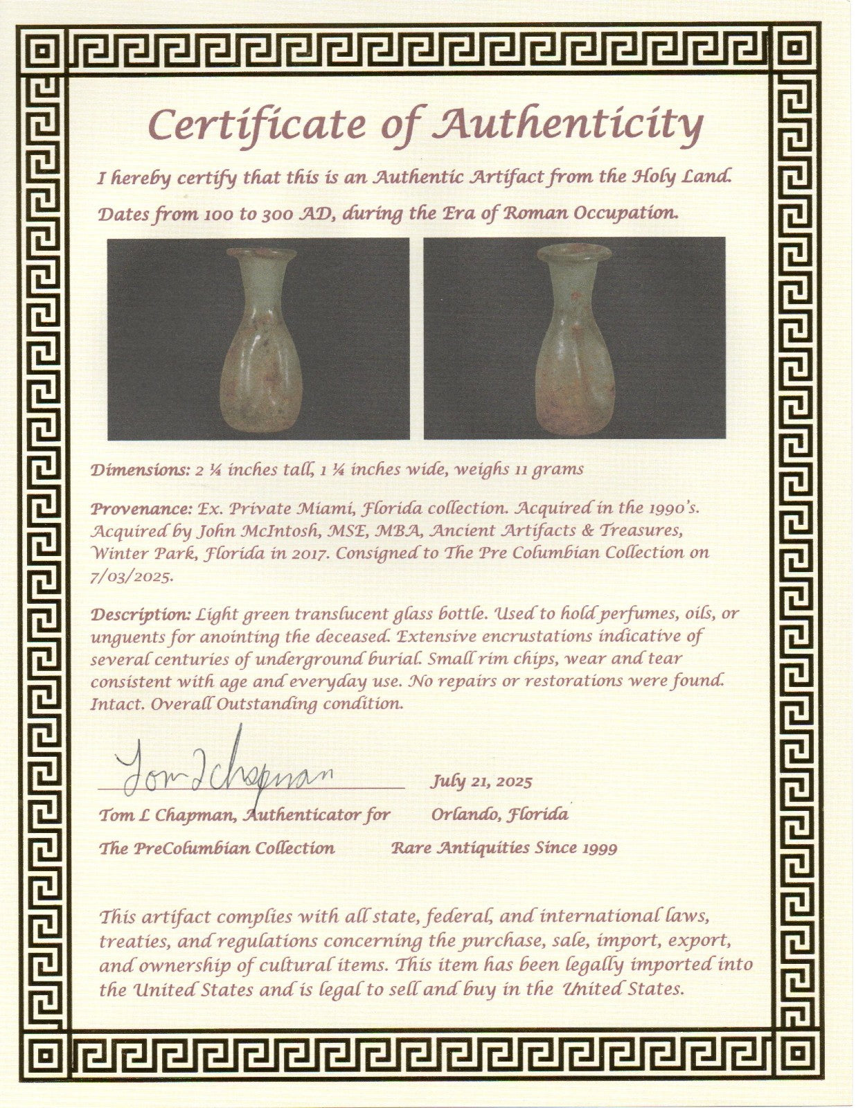 Authentic Ancient Holy Land Artifact Glass Bottle 100-300 AD Roman Era COA J10