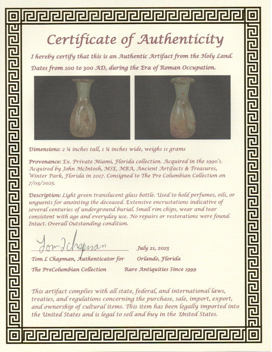 Authentic Ancient Holy Land Artifact Glass Bottle 100-300 AD Roman Era COA J10