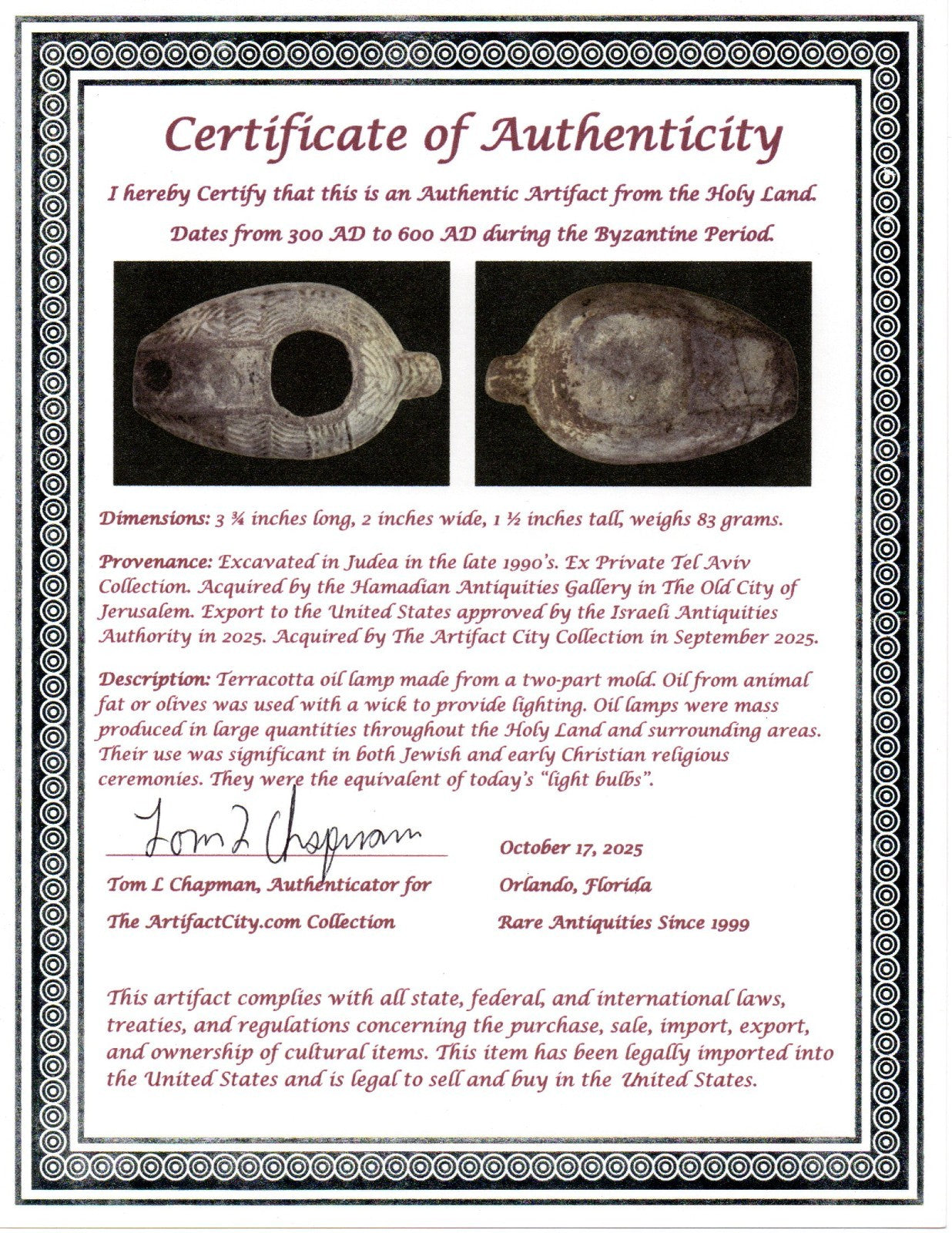 Oil Lamp Holy Land Ancient Artifact Jesus Christ Home Israel 300-600 AD COA 103