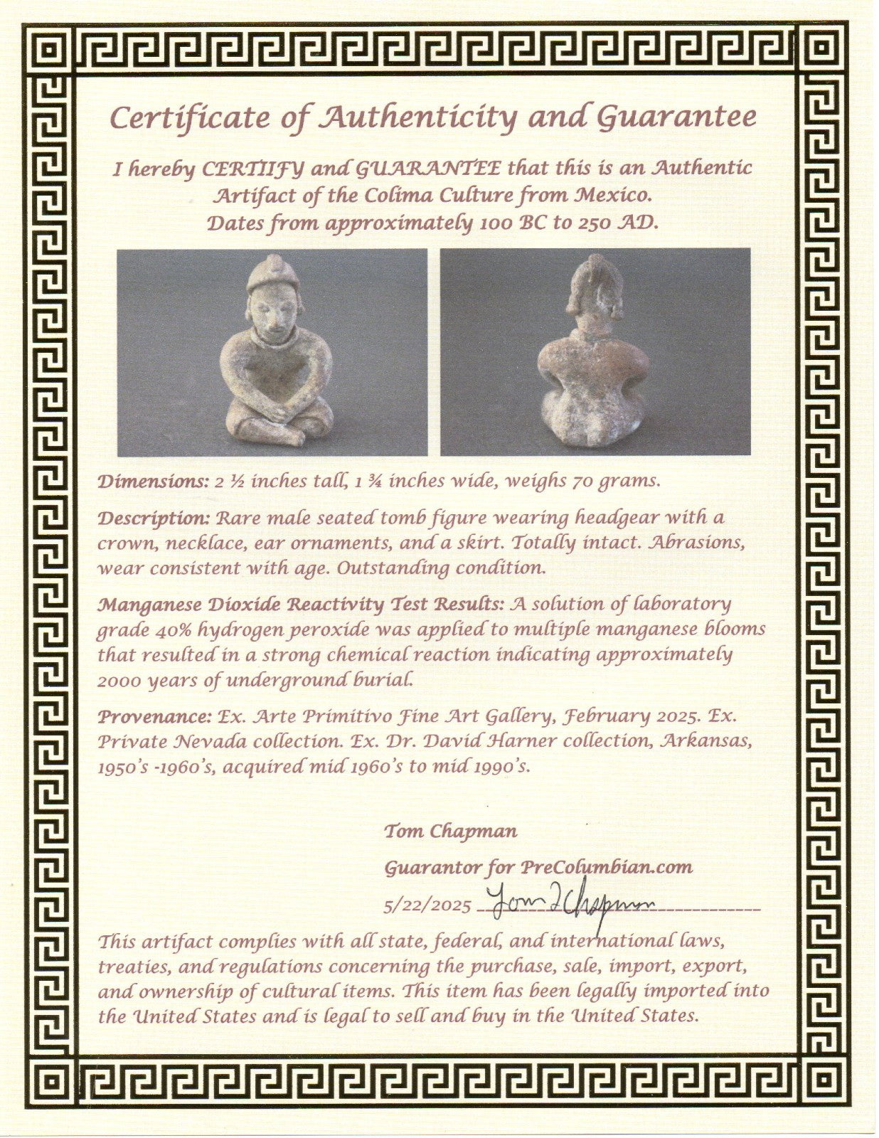 Authentic Pre Columbian Artifact Male Seated Tomb Figure Colima Mexico COA 193