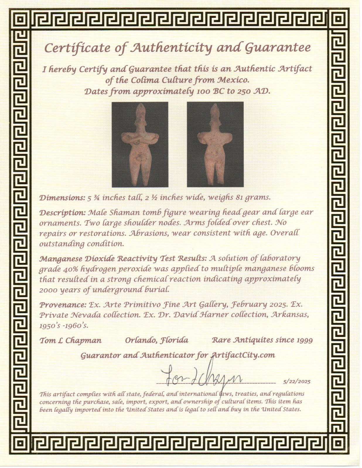 Pre Columbian Authentic Artifact Male Shaman Tomb Figure Colima Mexico COA 18