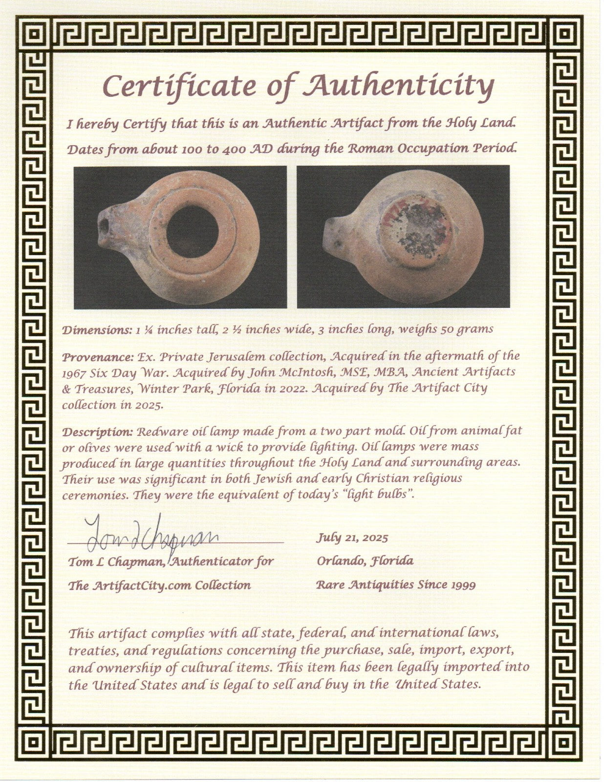 Ancient Holy Land Oil Lamp Artifact Jesus Christ Homeland 100 - 400 AD COA L05