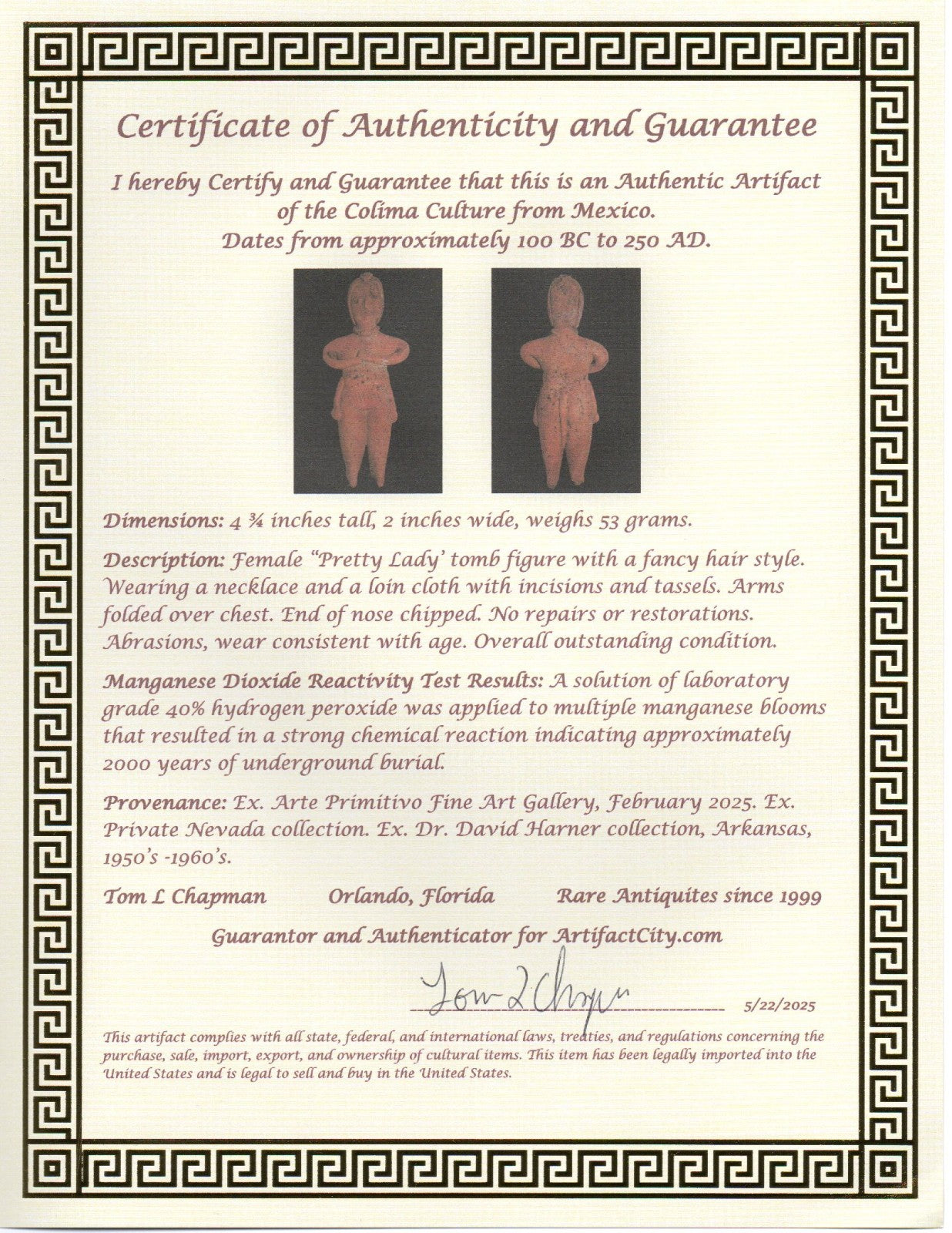 Authentic Pre Columbian Artifact Pretty Lady Tomb Figure Colima Mexico COA 17