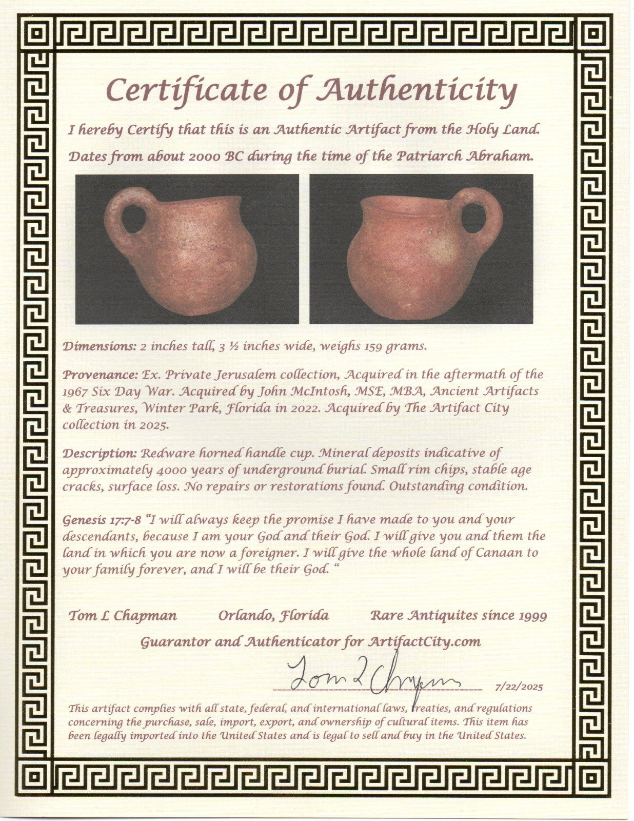 Holy Land Artifact Ancient 4000 Year Old Cup Time of Abraham 2000 BC COA J119